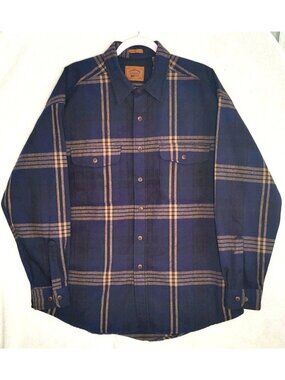Vtg St Johns Bay Chamois Shirt Mens XL Blue Tan Button Flannel Shacket Plaid EUC
